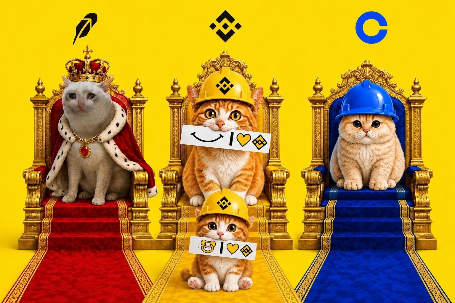 Baby Binance Cat and fellow cats in a golden throne room
